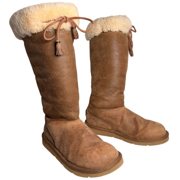 UGG Sussex Tall Boots Brown Leather Shearling Lined Women's Size 8 Après Ski - Picture 3 of 16